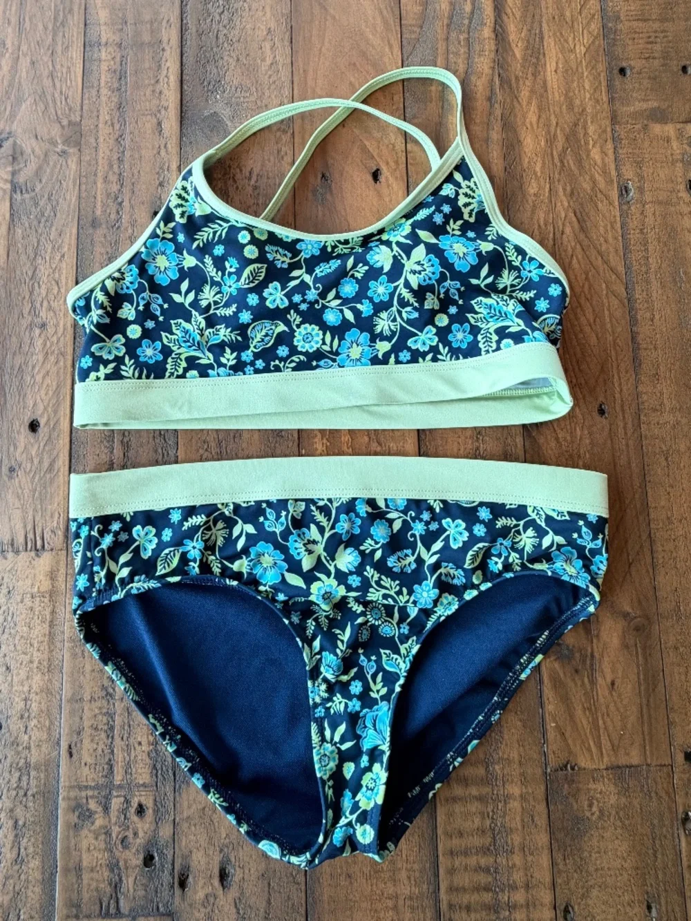 Lands’ End Girls 2 Piece Floral Bikini Swimsuit Size 10-12 L Navy Green